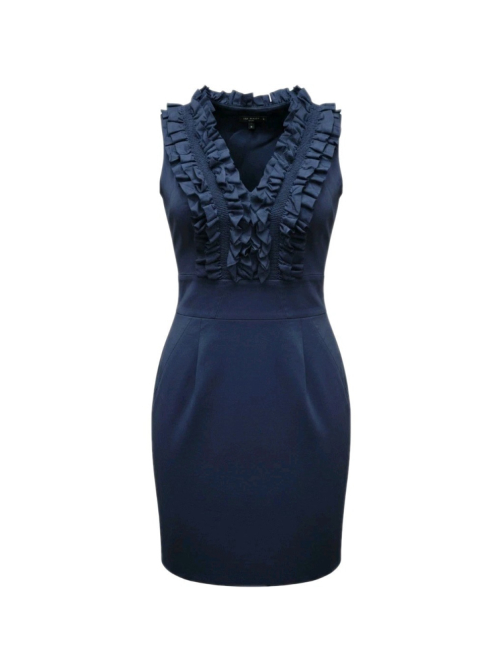Ted Baker Navy Sheath Dress Ruffle Embellishment Sleeveless V-Neck Lined Size 4